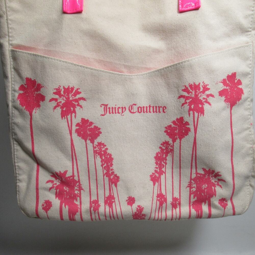 Juicy Couture Canvas Palm Trees Beach Tote Handbag L Ivory Hot Pink Lined Bag - Picture 2 of 16
